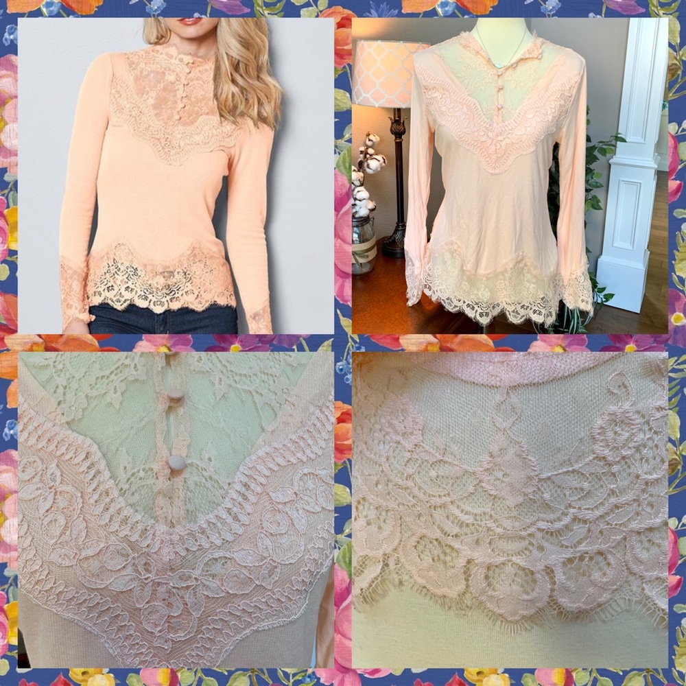 💙VENUS Light Pink Long Sleeve Lace Top - New
